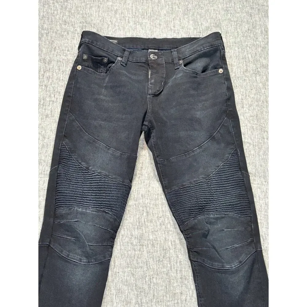 True Religion Rocco Moto Jeans Mens 28x34 Black Faded Relaxed Skinny Stretch